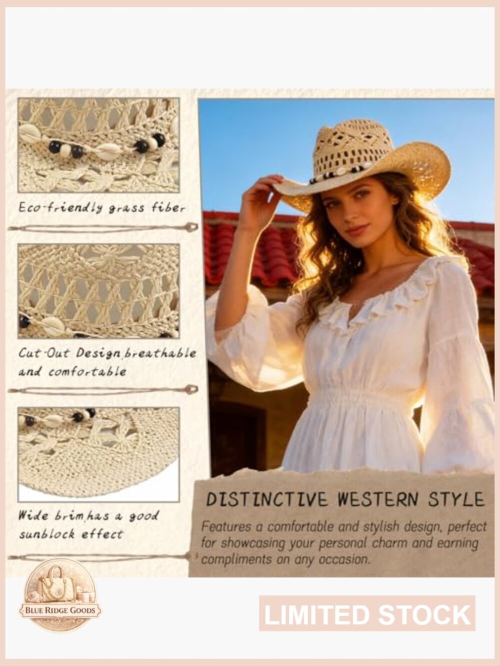 Wide Brim Straw Cowboy Hat with Interchangeable Bands Women Sun Hat - Picture 6 of 7